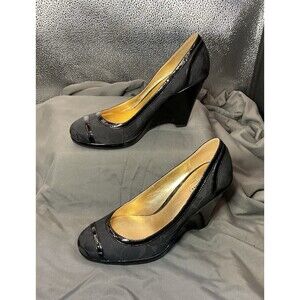 Coach Kerryann Black Wedge Heels 7B Monogram Canvas, Patent Trim, Chic